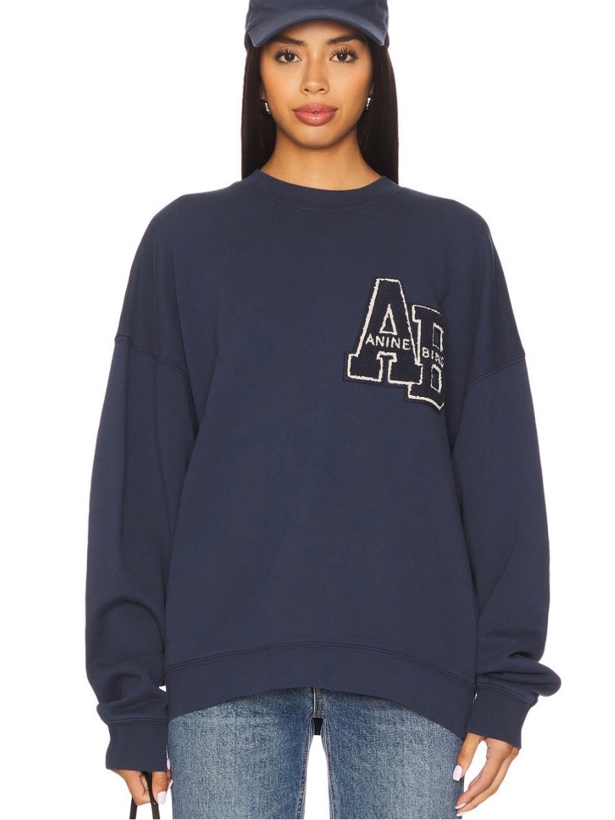 Anine Bing Miles Oversized Letterman Sweatshirt In Washed Navy Size M